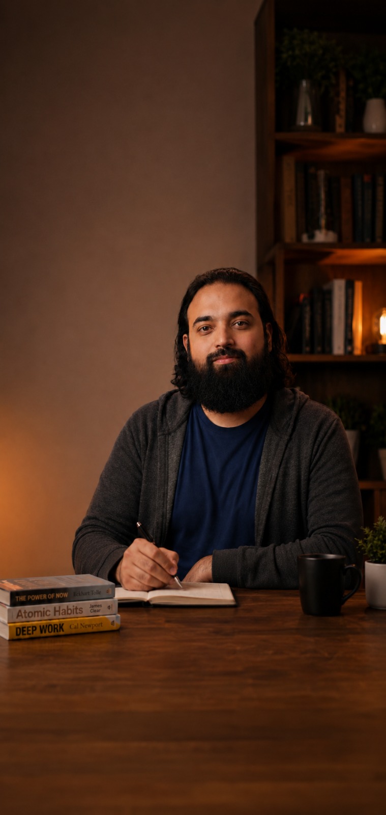 M. Sadeed Mirza at his desk — journaling beside Atomic Habits, Deep Work, and The Power of Now.
